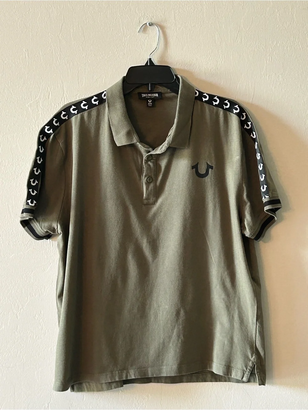 True Religion Men's Polo Shirt M Olive Green TR Logo Trim Relaxed Fit Grunge